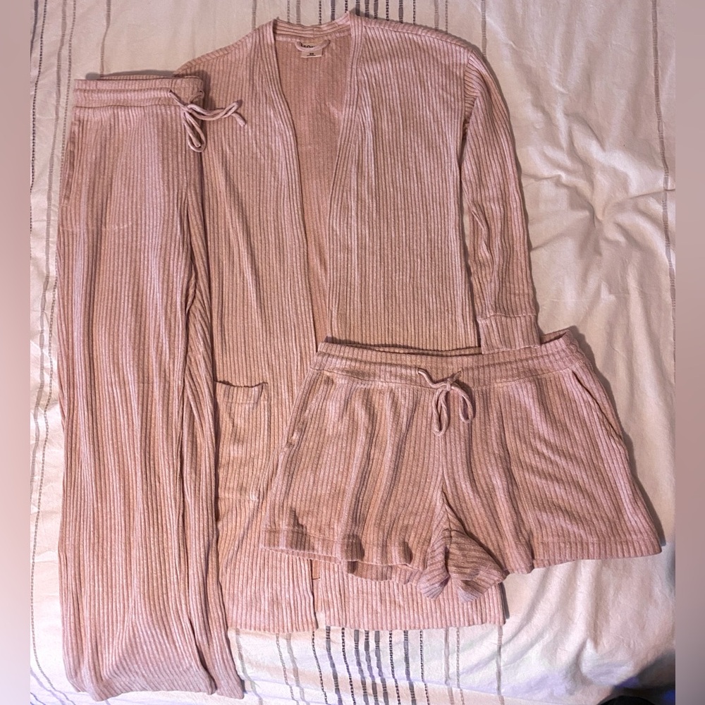 Soma Ribbed Sleep Set - cardigan, pants, shorts